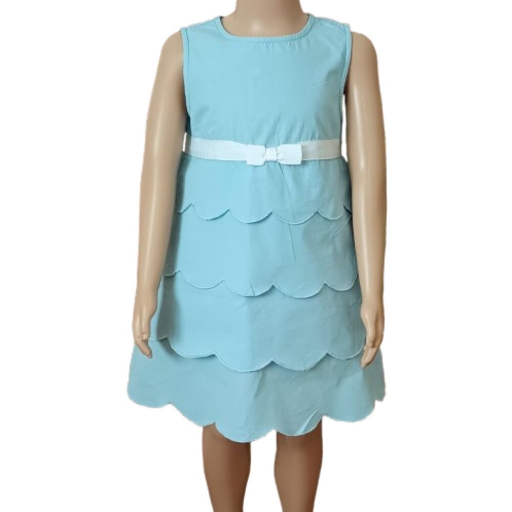 Girl's Blue Layered Scalloped Dress 4 Sleeveless with White Ribbon & Bow Retro